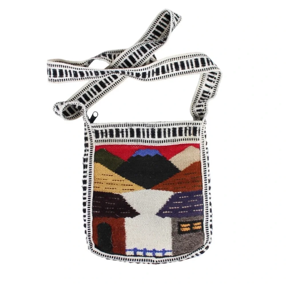 Vintage Woven Crossbody Bag Southwestern Village Scene Boho Textile